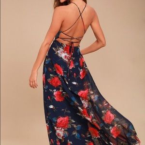 Debut Navy Blue Floral Print Lace-Up Maxi Dress